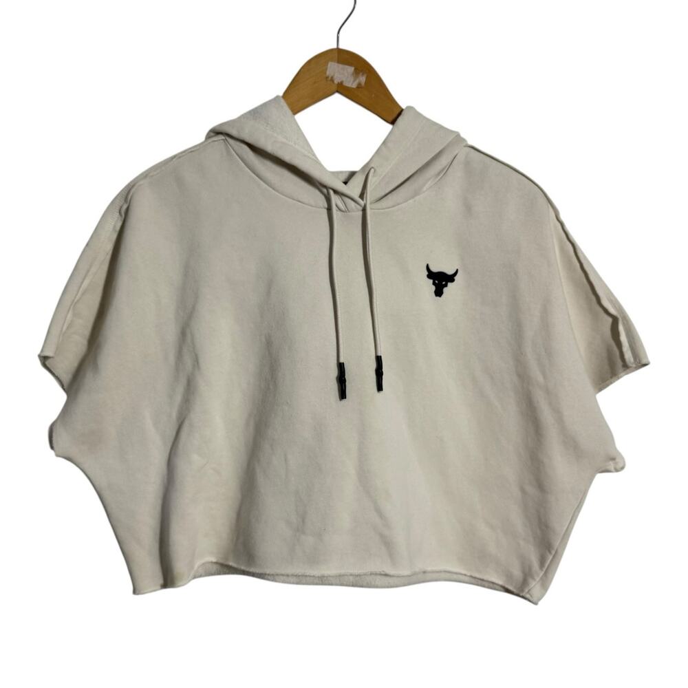 Project Rock Under Armour Hoodie Women Small White Fleece 1371370‎ Short Sleeve